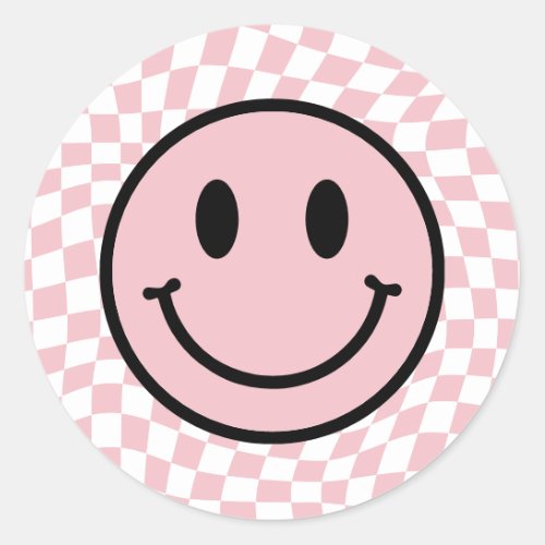 Checkered Wavy Pink Preppy Smile Classic Round Sticker