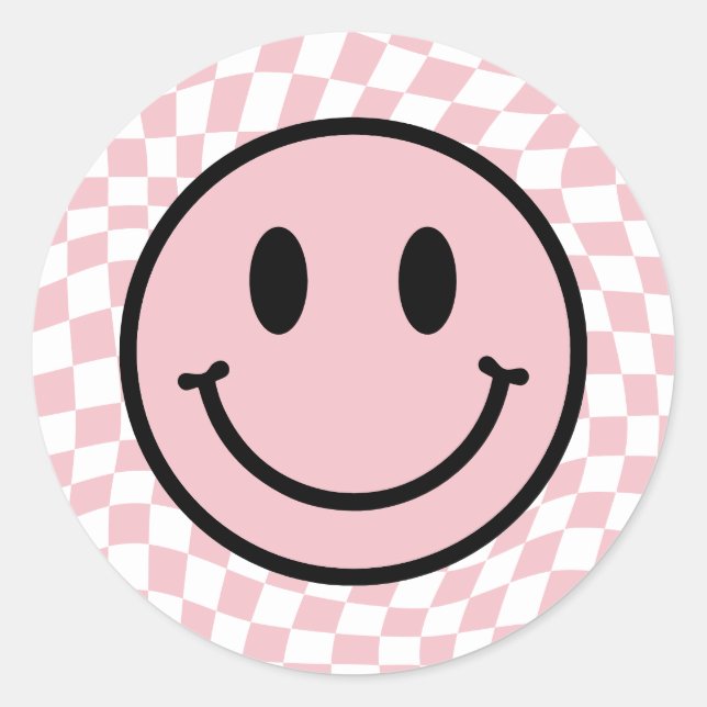Checkered Wavy Pink Preppy Smile Classic Round Sticker (Front)