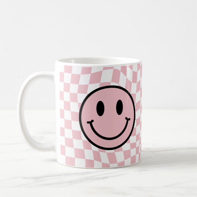 Checkered Wavy Pink Preppy Smile Coffee Mug (Left)