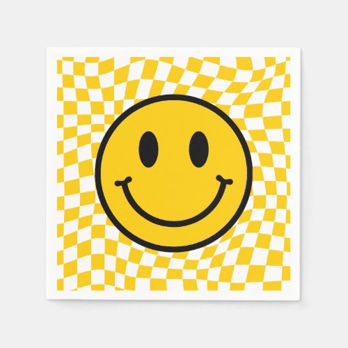 Checkered Wavy Yellow Preppy Smile Birthday Napkins