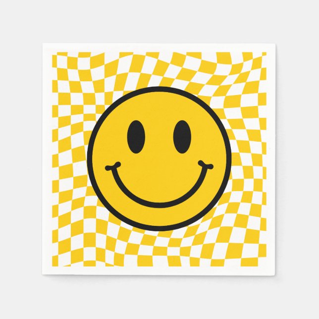 Checkered Wavy Yellow Preppy Smile Birthday Napkins (Front)