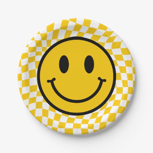 Checkered Wavy Yellow Preppy Smile Birthday Paper Plates