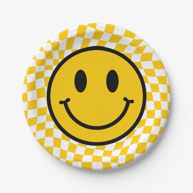 Checkered Wavy Yellow Preppy Smile Birthday Paper Plates (Front)