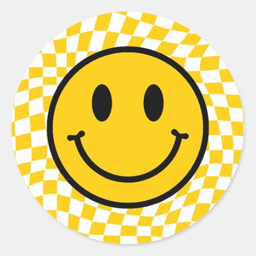 Checkered Wavy Yellow Preppy Smile Classic Round Sticker