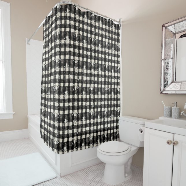 Checkered Web – Spiders in Sync on Monochrome Grid Shower Curtain (In Situ)