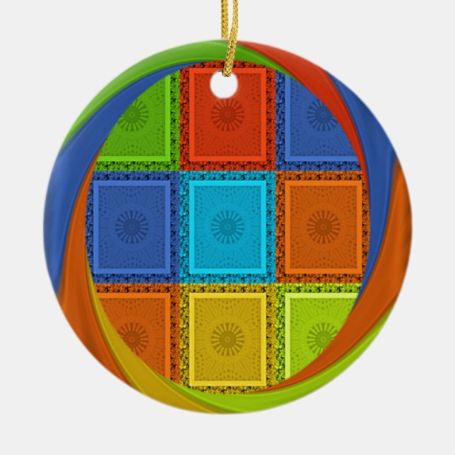 Checkered Whirl Art Print Ceramic Ornament (Front)