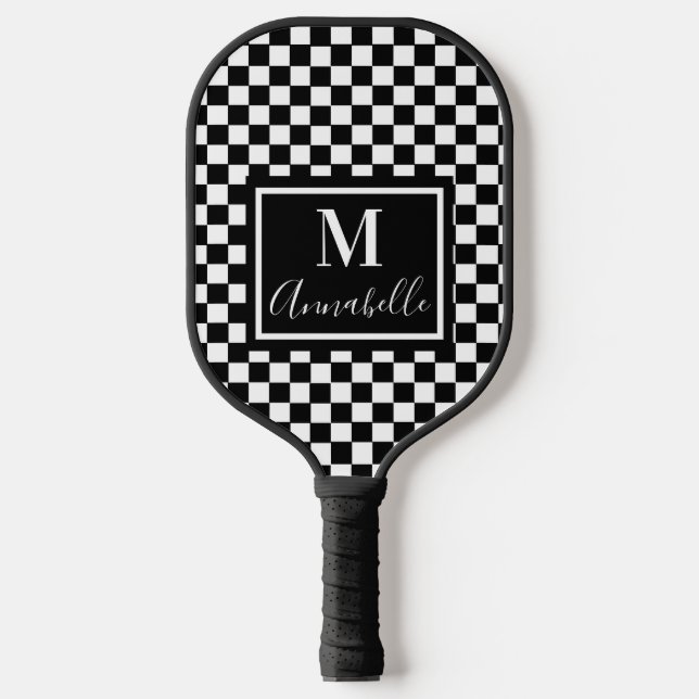 Checkered White and Black Custom Name Initial Pickleball Paddle (Front)