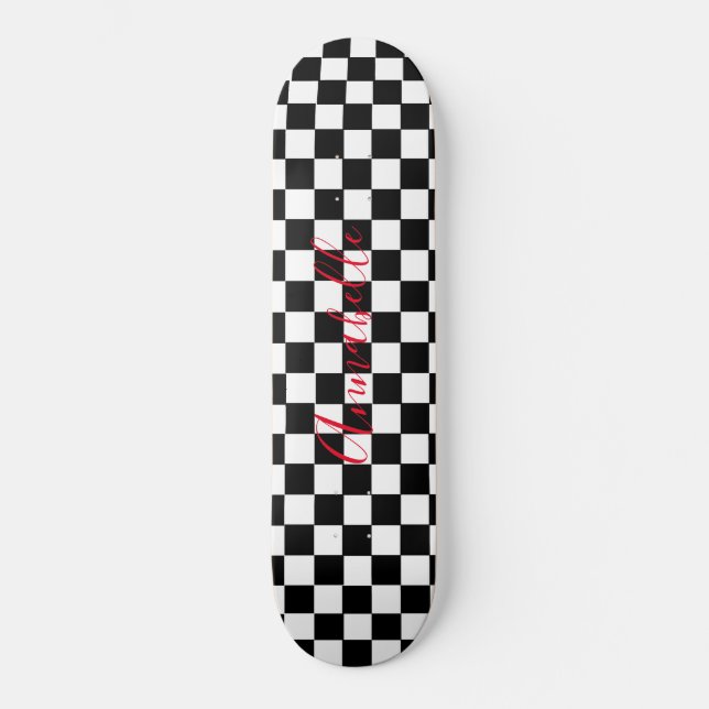 Checkered White and Black Custom Name Skateboard (Front)