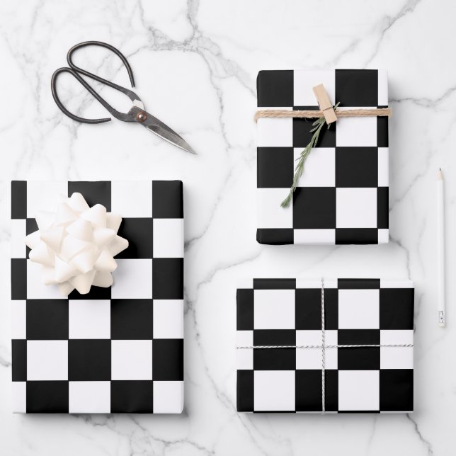Checkered White and Black  Wrapping Paper Sheets (Front)