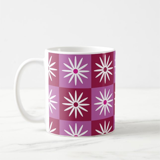 Checkered White Daises on Pink Red Checkerboards  Coffee Mug (Left)