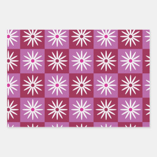 Checkered White Daisy on Red and Pink Checkerboard Wrapping Paper Sheets