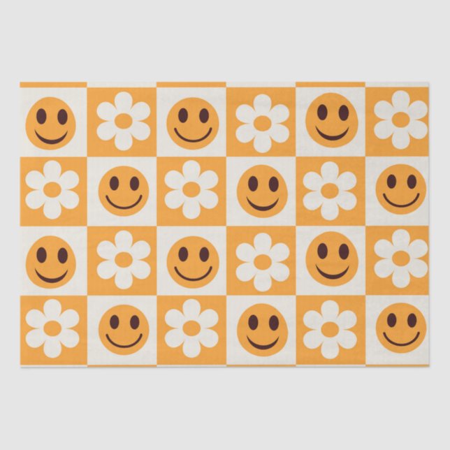 Checkered White Flowers and Orange Happy Faces  Tissue Paper (Front)