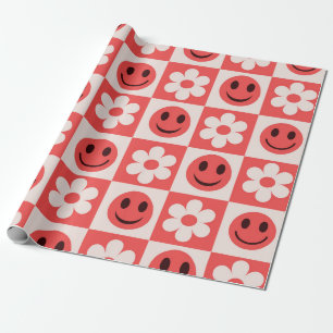Checkered White Flowers and Red Smiling Faces Wrapping Paper