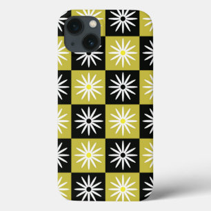 Checkered White Flowers on Black Yellow squares iPhone 13 Case
