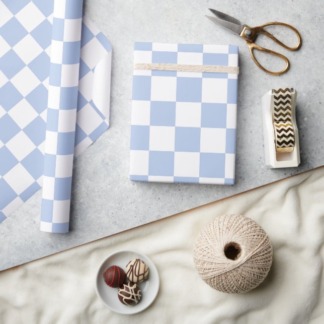 Checkered White Soft Sky Blue Wrapping Paper Roll (Crafts)
