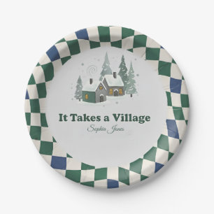 Checkered Winter "It Takes a Village" baby shower Paper Plates