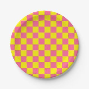 Checkered Yellow and Pink Paper Plates