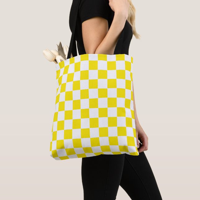 Checkered yellow and White Tote Bag (Close Up)