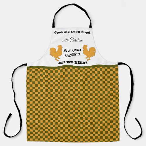 Checkered Yellow Green Rooster Silhouette  Quote Apron