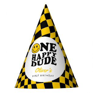 Checkered Yellow Happy Smile 1st Birthday Custom Party Hat