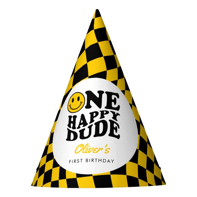 Checkered Yellow Happy Smile 1st Birthday Custom Party Hat (Front)