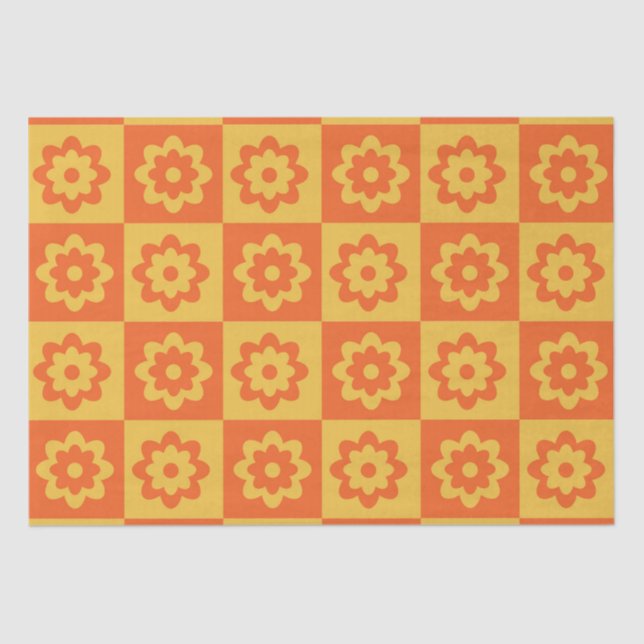 Checkered Yellow Orange Retro Flowers  Tissue Paper (Front)
