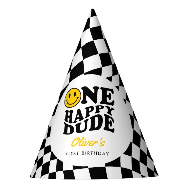 Checkered Yellow Preppy Smile 1st Birthday Custom Party Hat (Front)