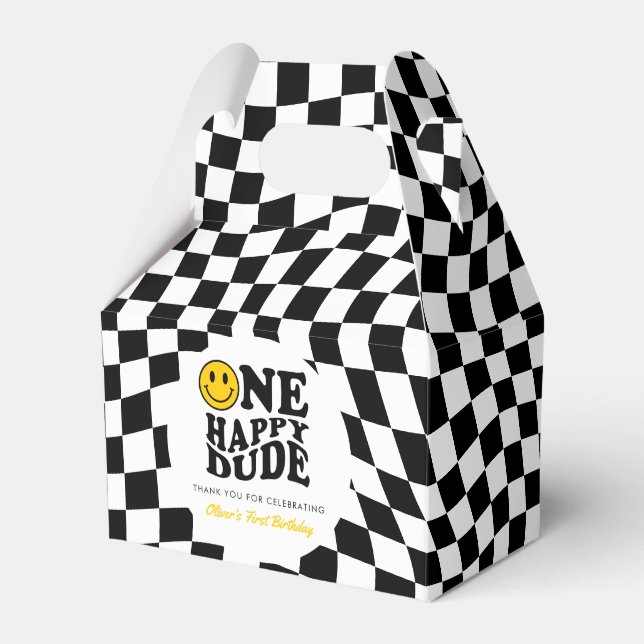 Checkered Yellow Preppy Smile Custom 1st Birthday Favor Boxes (Front Side)