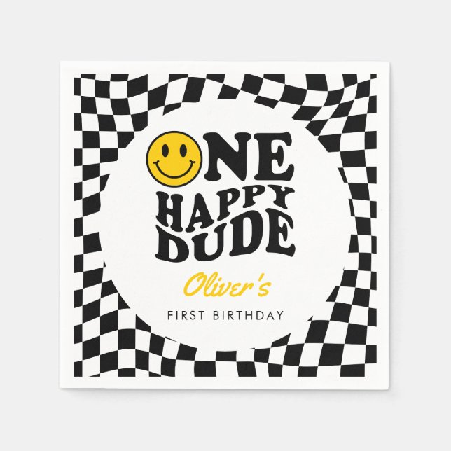 Checkered Yellow Smile Face 1st Birthday Custom Napkins (Front)
