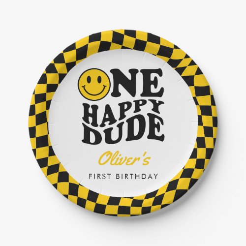 Checkered Yellow Smile One Happy Dude 1st Birthday Paper Plates