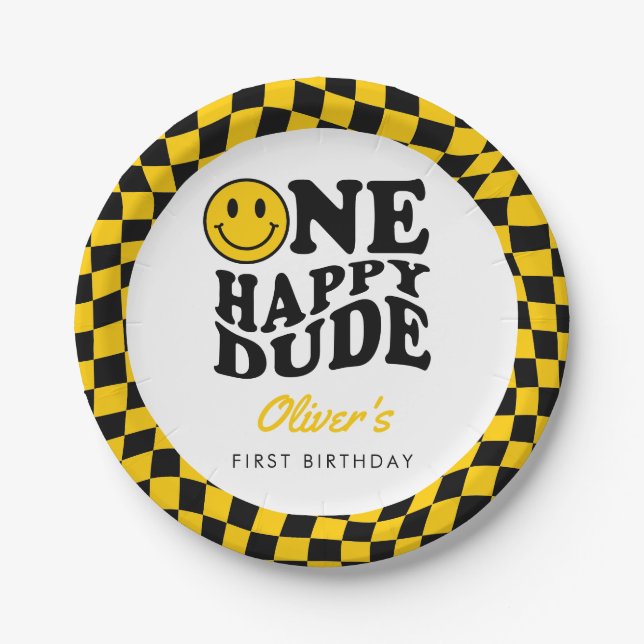 Checkered Yellow Smile One Happy Dude 1st Birthday Paper Plates (Front)