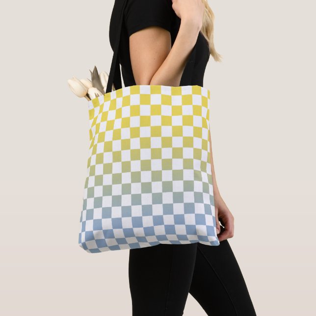Checkered Yellow to Light Blue and White Pattern Tote Bag (Close Up)