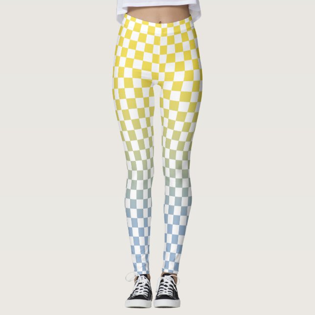 Checkered Yellow to Light Blue Gradient Pattern Leggings (Front)