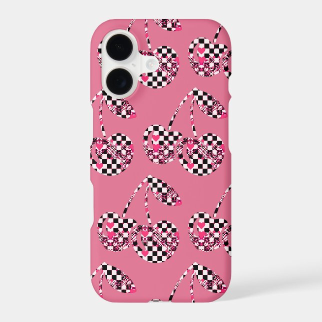 Checkers & Pink Hearts Patterned Cherries Big Case-Mate iPhone Case (Back)