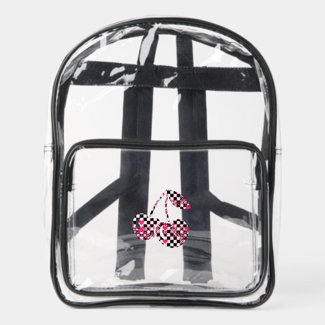 Checkers & Pink Hearts Patterned Cherries Big Clear Backpack (Front)