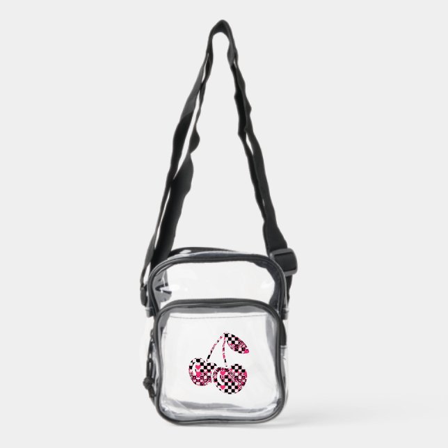 Checkers & Pink Hearts Patterned Cherries Big Clear Crossbody Bag (Front)
