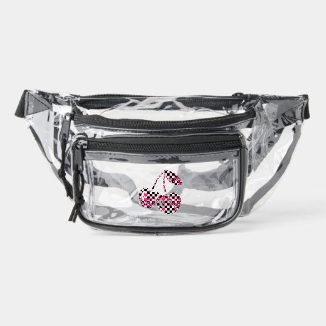 Checkers & Pink Hearts Patterned Cherries Big Clear Fanny Pack (Front)