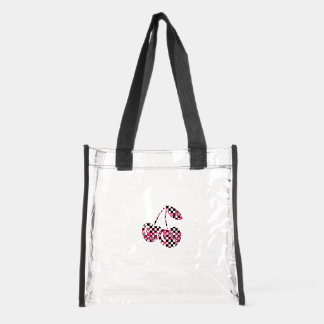 Checkers & Pink Hearts Patterned Cherries Big Clear Tote Bag