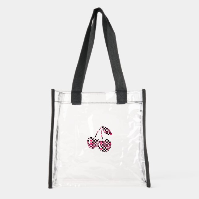 Checkers & Pink Hearts Patterned Cherries Big Clear Tote Bag (Front)