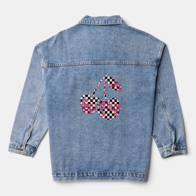 Checkers & Pink Hearts Patterned Cherries Big Denim Jacket (Back)