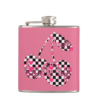 Checkers & Pink Hearts Patterned Cherries Big Flask