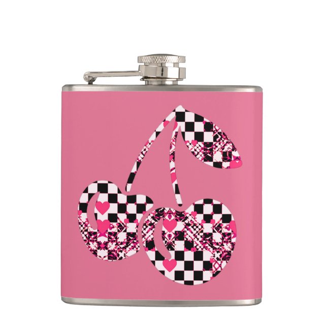 Checkers & Pink Hearts Patterned Cherries Big Flask (Front)