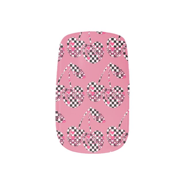 Checkers & Pink Hearts Patterned Cherries Big Minx Nail Art (Left Thumb)