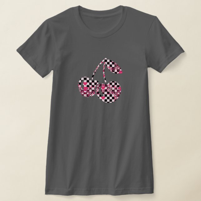 Checkers & Pink Hearts Patterned Cherries Big T-Shirt (Laydown)
