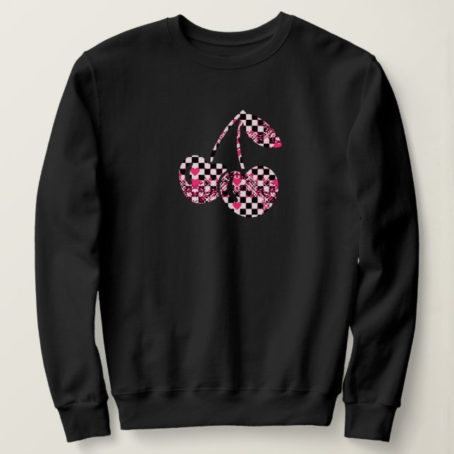Checkers & Pink Hearts Patterned Cherries Sweatshirt (Design Front)