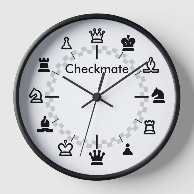 Checkmate Chess Wall Clock - checkerboard on white (Front)
