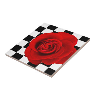 Checkmate Rose elegant rose on a checkered back Ceramic Tile