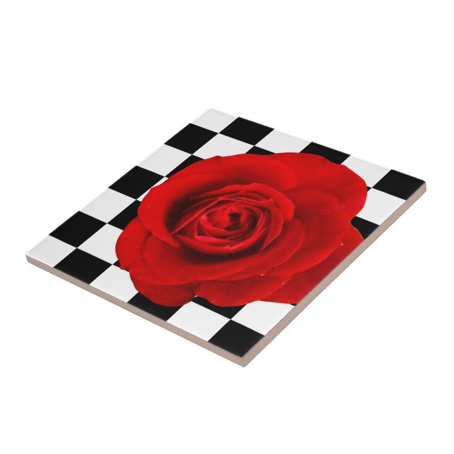 Checkmate Rose elegant rose on a checkered back  Ceramic Tile (Side)