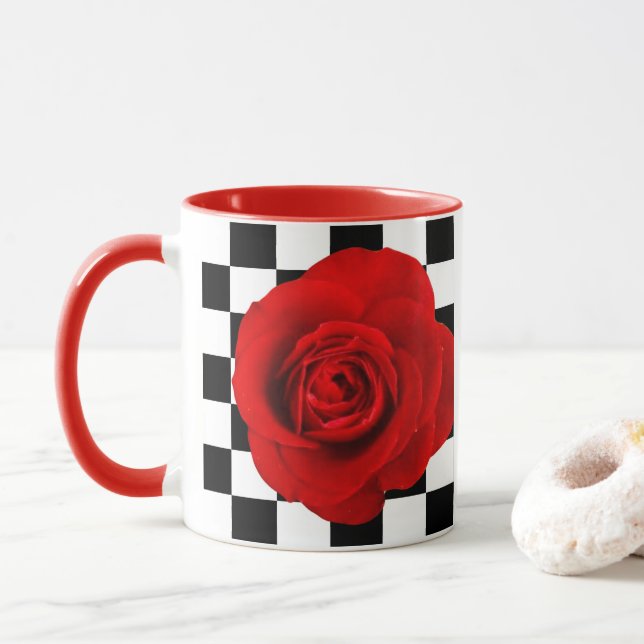 Checkmate Rose elegant rose on a checkered back  Mug (With Donut)