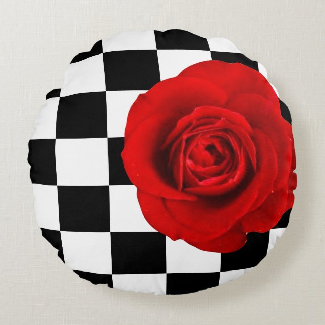 Checkmate Rose elegant rose on a checkered back Round Pillow (Front)